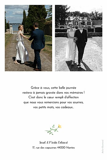 Carte de remerciement mariage Cadre fleuri (portrait) blanc - Verso
