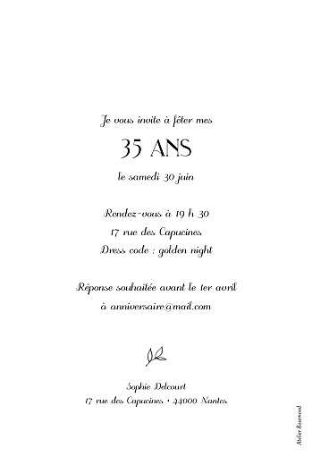 Carte d'invitation anniversaire adulte Dryade Blanc - Verso