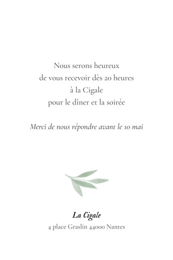 Carton d'invitation mariage Feuille aquarelle (portrait) vert - Verso