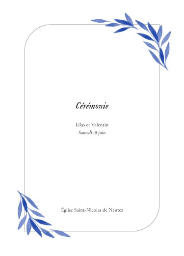 Couverture livret de messe mariage Feuille aquarelle bleu - Page 1
