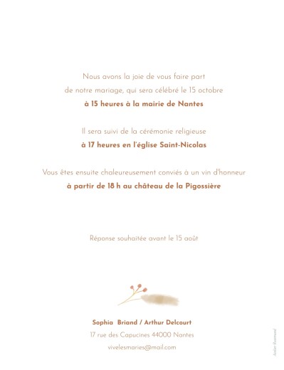 Faire-part de mariage Fleurs séchées (portrait) beige - Verso
