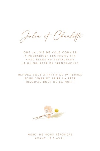 Carton d'invitation mariage Pampas fleuries (portrait) blanc - Verso