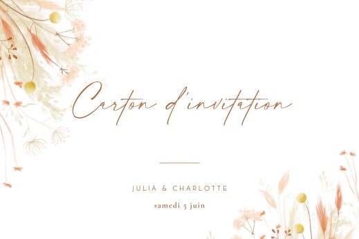 Carton d'invitation mariage Pampas fleuries blanc - Recto