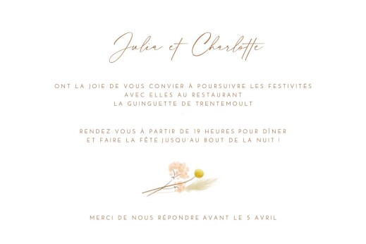 Carton d'invitation mariage Pampas fleuries blanc - Verso