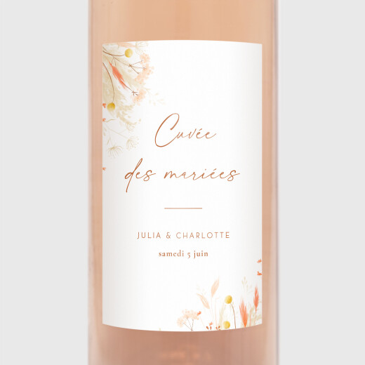 Étiquette de bouteille mariage Pampas fleuries blanc - Vue 1