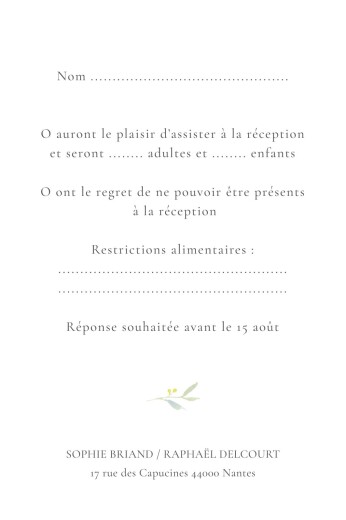 Carton réponse mariage Bouquet champêtre (portrait) vert - Verso