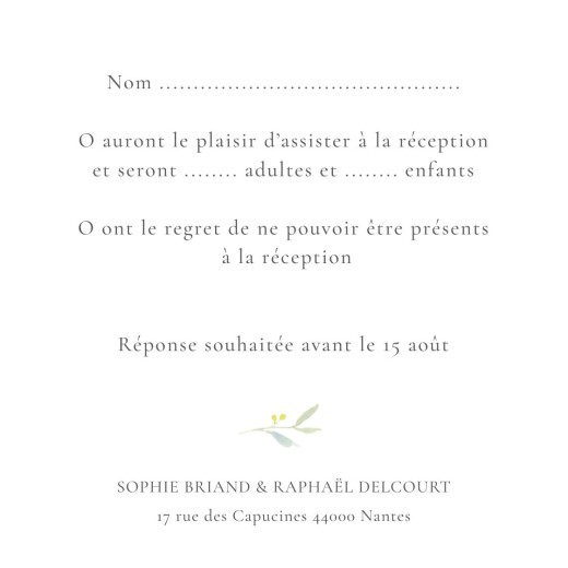 Carton réponse mariage Bouquet champêtre vert - Verso