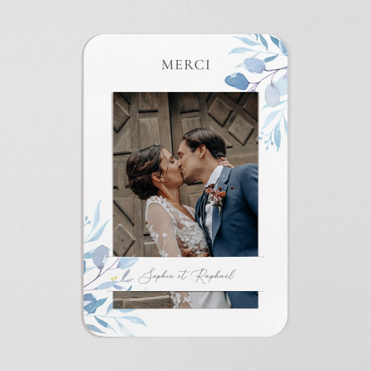 Carte de remerciement mariage Bouquet champêtre (bandeau) bleu - Vue 1