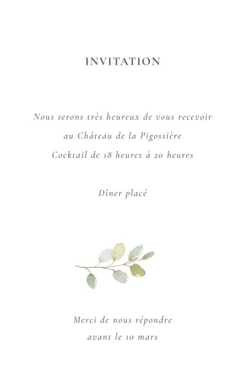 Carton d'invitation mariage Brins d'eucalyptus (portrait) blanc - Verso