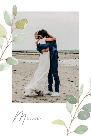 Carte de remerciement mariage Brins d'eucalyptus (portrait) blanc - Recto