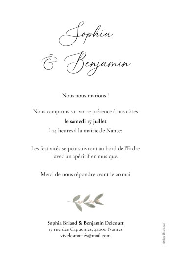 Faire-part de mariage Bouquet fleuri (Arche) blanc - Verso