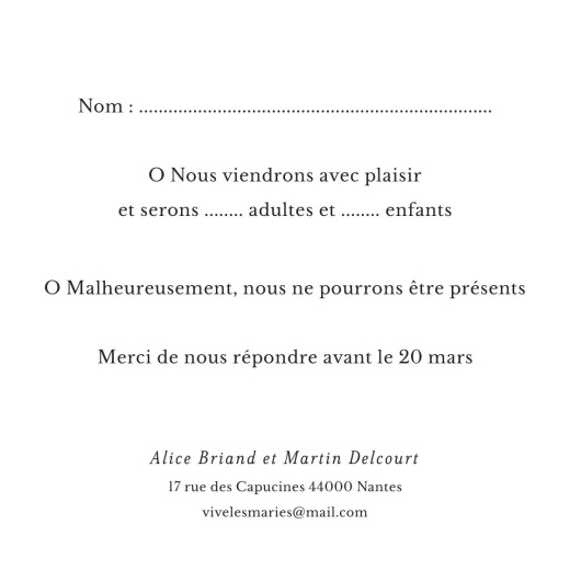Carton réponse mariage Cœur végétal (dorure) blanc - Verso